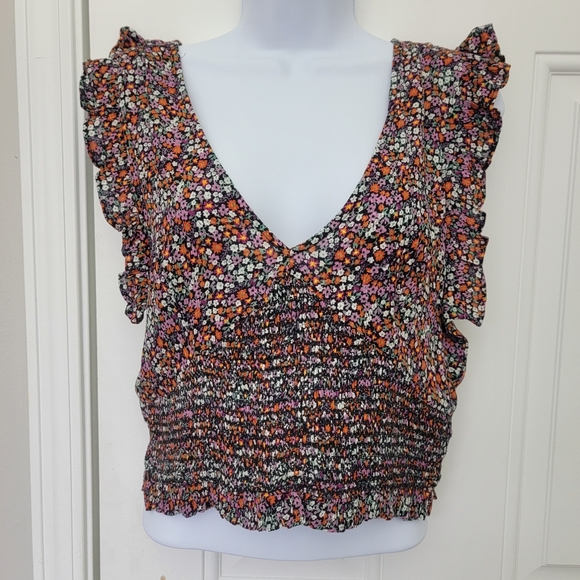 Patrons Of Peace Floral Flutter Sleeve V Neck Ruched Waist Crop Top Size L - Picture 1 of 9